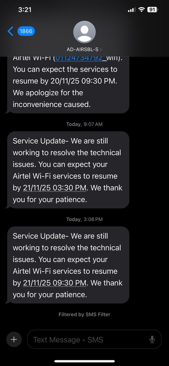 robinrobin770's tweet photo. Again got the msg that outage is gonna continued till 9:30 pm On calling @Airtel_Presence /customer care they are not even registering my individual complaint they are simply refusing to assign a service engineer. If this continues im gonna close the connection with @airtelindia https://t.co/scBDYCe7uZ
