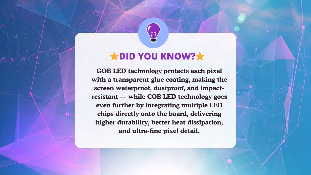 DgiconLED's tweet image. Tech Fact:
GOB = Protected pixels.
COB = Ultra-fine display power.
Two LED technologies, one purpose: next-level clarity.
 #LEDDisplays #DisplayTech #COBLED #GOBLED #VisualTech  #DigitalScreens