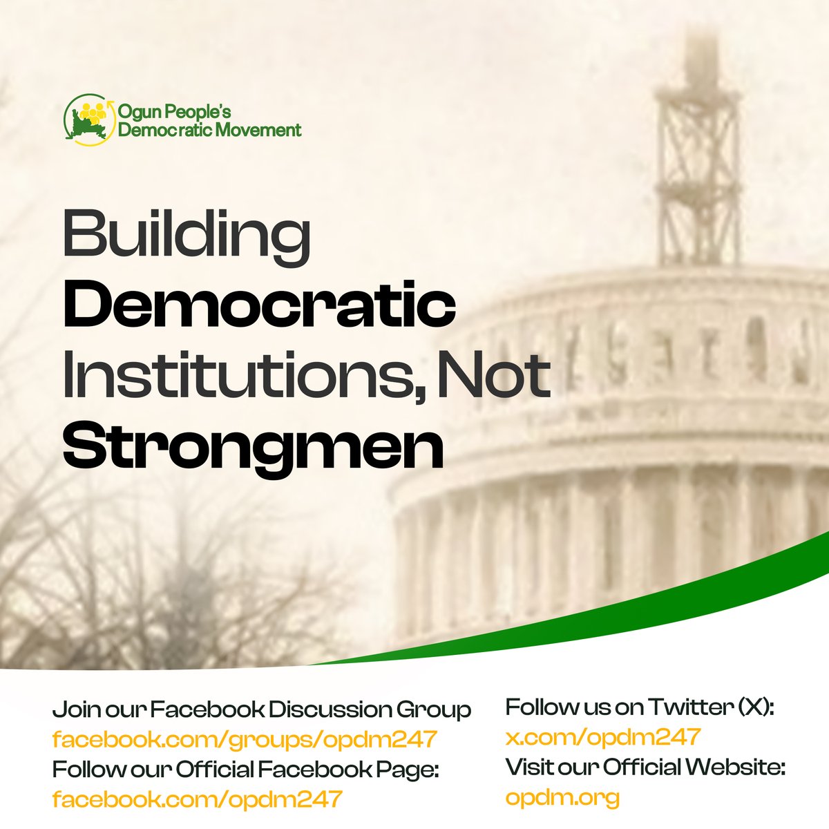 OPDM247's tweet image. OGUN needs strong institutions, not strongmen. For true #GoodGovernance and #DemocraticStability, we must demand independent systems. Speak up. Take action. Engage others.

Join the #InstitutionalReform movement
 👉 opdm.org