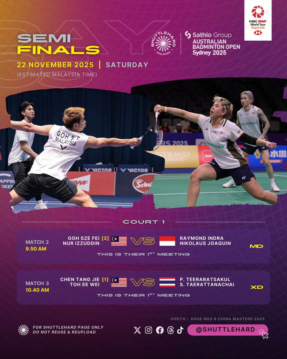 ShuttleHard's tweet photo. Jadual Perlawanan #AustralianOpen2025 
Hari Kelima | Separuh Akhir 

0⃣2⃣ wakil #BadmintonMalaysia berdepan lawan berstatus bukan Pilihan dalam laluan ke Final di Sydney 🇦🇺

Hari perlawanan yang bermula jam 9.00 pagi menyaksikan Pilihan Ke-0⃣2⃣, 🇲🇾 Goh Sze Fei/Nur Izzuddin turun menentang gandingan muda Indonesia di Perlawanan ke-0⃣2⃣

Kemudian diikuti dengan aksi Juara Dunia, 🇲🇾 Chen Tang Jie/Toh Ee Wei menentang bekas Juara Dunia dari 🇹🇭, S. Taerattanachai dan pasangan baharunya.

📸 Khue Ngo & China Masters 2025

#ABO25 
#UNBRKBL
#ShuttleHard