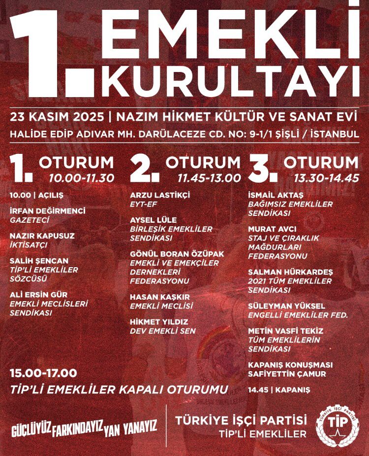 tipuskudar's tweet photo. 1. Emekli Kurultayı'nda bir araya geliyoruz!
Emeklilerin yıllardır biriken sorunlarını, taleplerini ve ortak geleceğimizi konuşmak için yan yana geliyoruz.
Türkiye İşçi Partisi Genel Başkanı Erkan Baş’ın açılış konuşmasıyla başlayacak bu buluşmaya hepiniz davetlisiniz! https://t.co/bN2iaRkC7Q