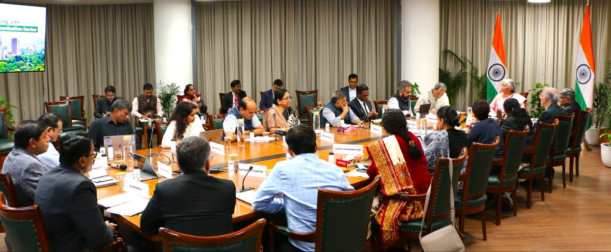 FinMinIndia's tweet image. Union Minister for Finance &amp;amp; Corporate Affairs Smt. @nsitharaman chairs the 12th Pre-Budget Consultation with the experts and stakeholders from the #Urbanisation sector in connection with the forthcoming Union Budget 2026-27, in New Delhi, today. 

The meeting was also attended…