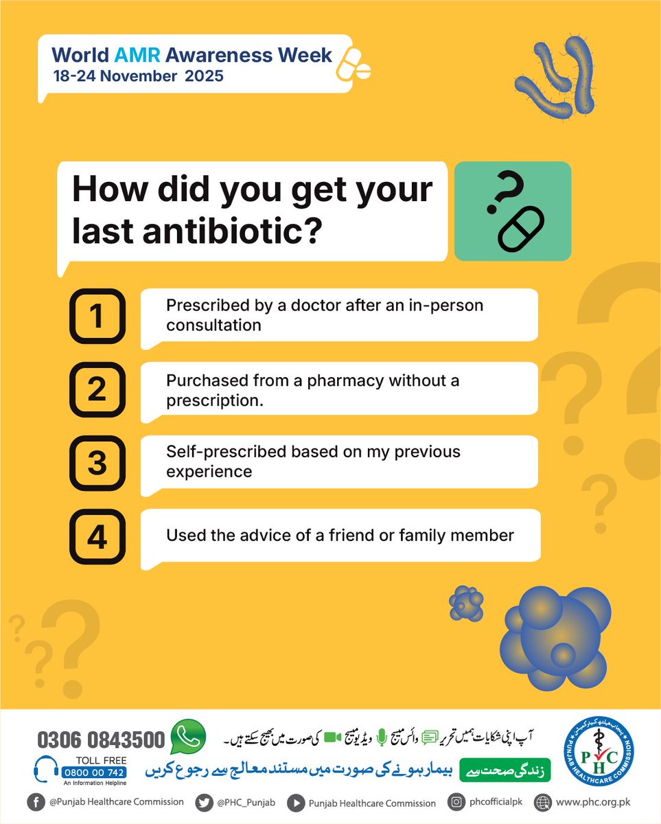 PHC_Punjab's tweet image. When was the last time you used an antibiotic, and how did you obtain it? 

Mark your option at our LinkedIn Poll and in comments as well: linkedin.com/feed/update/ur…

#PHC #PunjabHealthcareCommission #SehatZindagiSey #WHO #UNICEF #StopAMR #WAAW #HandleWithCare