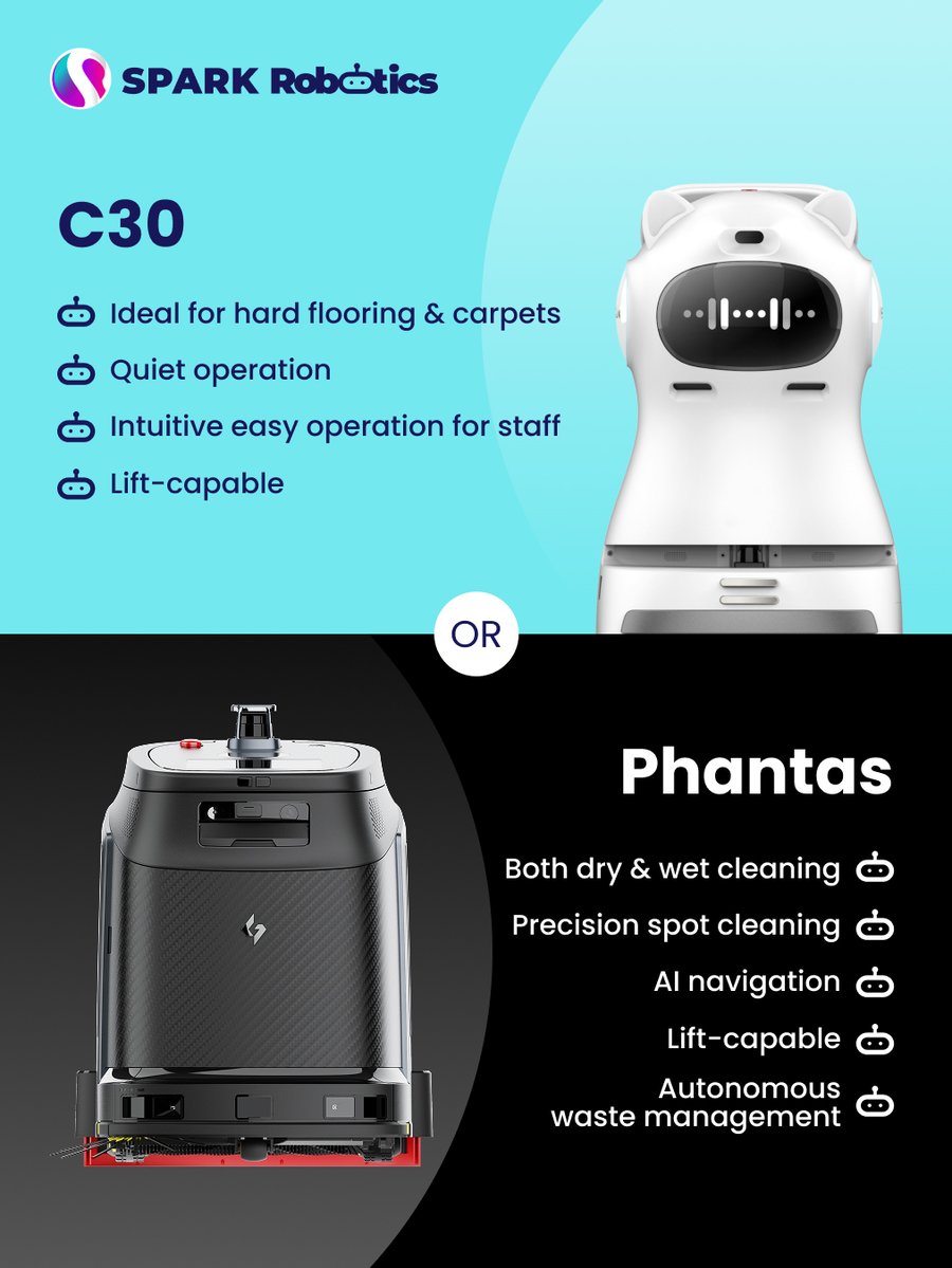 SparkEPOS's tweet image. C30 or Phantas? Which cleaning robot is right for your space?

It often comes down to the space you manage.

Need help choosing the right commercial cleaning robot for your operations? Contact us at:
📧 info@spark-robotics.com
📞 020 3868 9032

#CleaningRobots #HospitalityTech