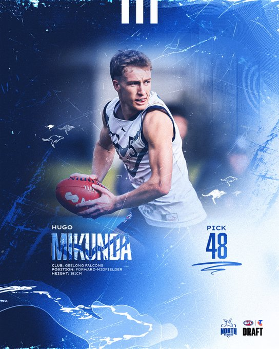 thoughtfullwon's tweet image. Hugo Mikunda
Becomes the 2nd pick 48 taken by @NMFCOfficial
in the draft history after- 
Liam Pickering 1987
Other NM players drafted at pick 48 by other clubs-
Alan Obst- Adelaide 2005
Special mention to our new @NMFCReserves recruit-
Lachlan Gollant- Adelaide 2019