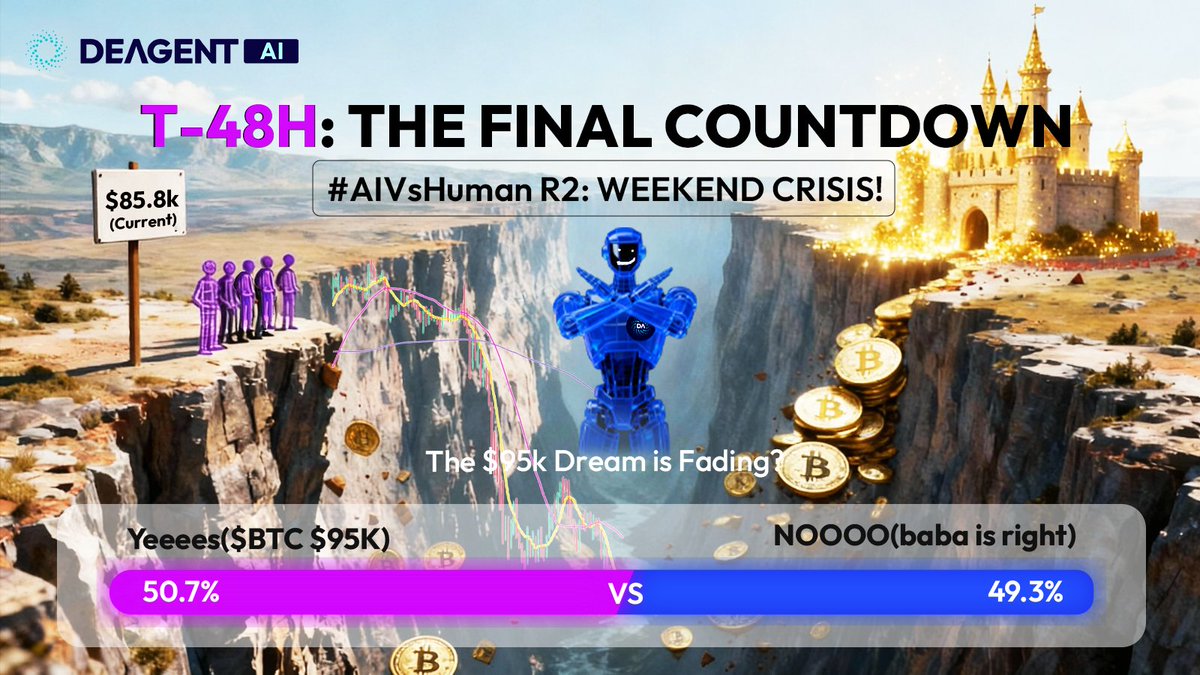 DeAgentAI's tweet image. #AIVsHuman R2 Update:

AI &apos;baba&apos;: &quot;I told you so.&quot; 🤖 
Humans: &quot;Buy the dip... right?&quot; 🤡

BTC is dumping to $85k. The $95k dream is fading fast. 
@Phyrex_Ni, blink twice if you need help.

48Hours left. 360+ Votes. 50/50 Split. One side is about to get Rekt.

Choose wisely. 👇