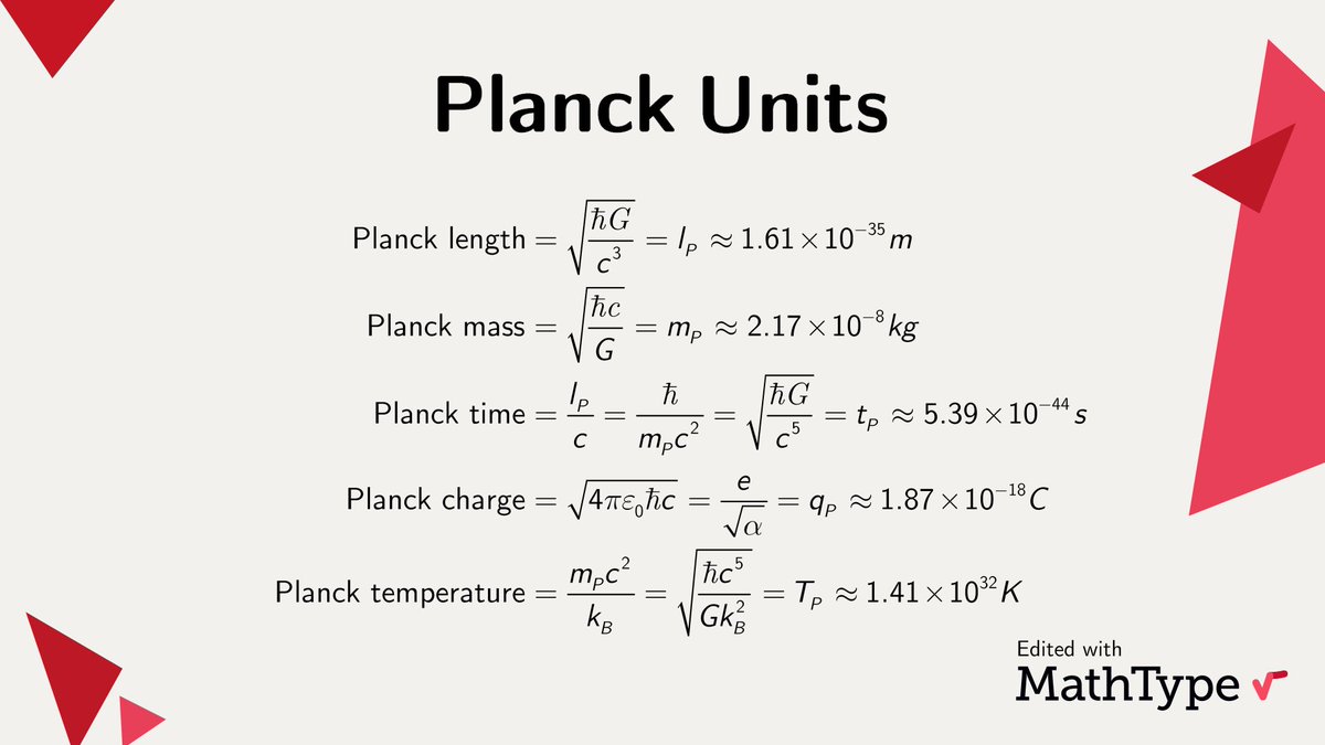 MathType's tweet image. The Planck units of measurement are a system defined based on 5 physical universal constants. In this system, those constants are normalized to 1, greatly simplifying the key equations of #Physics

#MathType #NumberTheory #math #mathematics #mathematical #mathematician #mathfacts