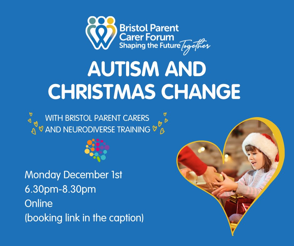 BRSParentCarers's tweet image. 🎄Supporting Autistic Children This Christmas🎄
Join us &amp;amp; Neurodiverse Training online on Mon 1 Dec, 6:30PM. Tips for navigating sensory changes, routine shifts &amp;amp; festive social expectations. Book here: eventbrite.co.uk/e/autism-and-c…
#AutismSupport #Neurodiversity #BristolParentCarers