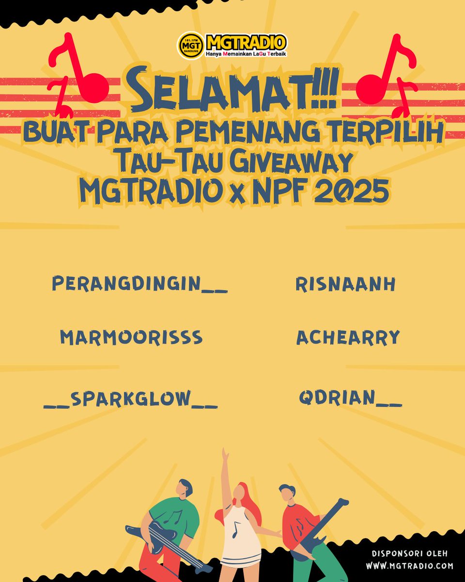 SELAMAT BUAT PARA PEMENANG TAU-TAU GIVEAWAY MGTRADIO x NOWPLAYING FESTIVAL 2025 👏✨🎁

Untuk selanjutnya nanti tunggu kita hubungi lagi ya!
Jangan lupa buat ikutan terus TAU-TAU GIVEAWAY MGTRADIO selanjutnya ya!!!

#MGTRADIO #TauTauGiveaway #NowPlayingFestival2025