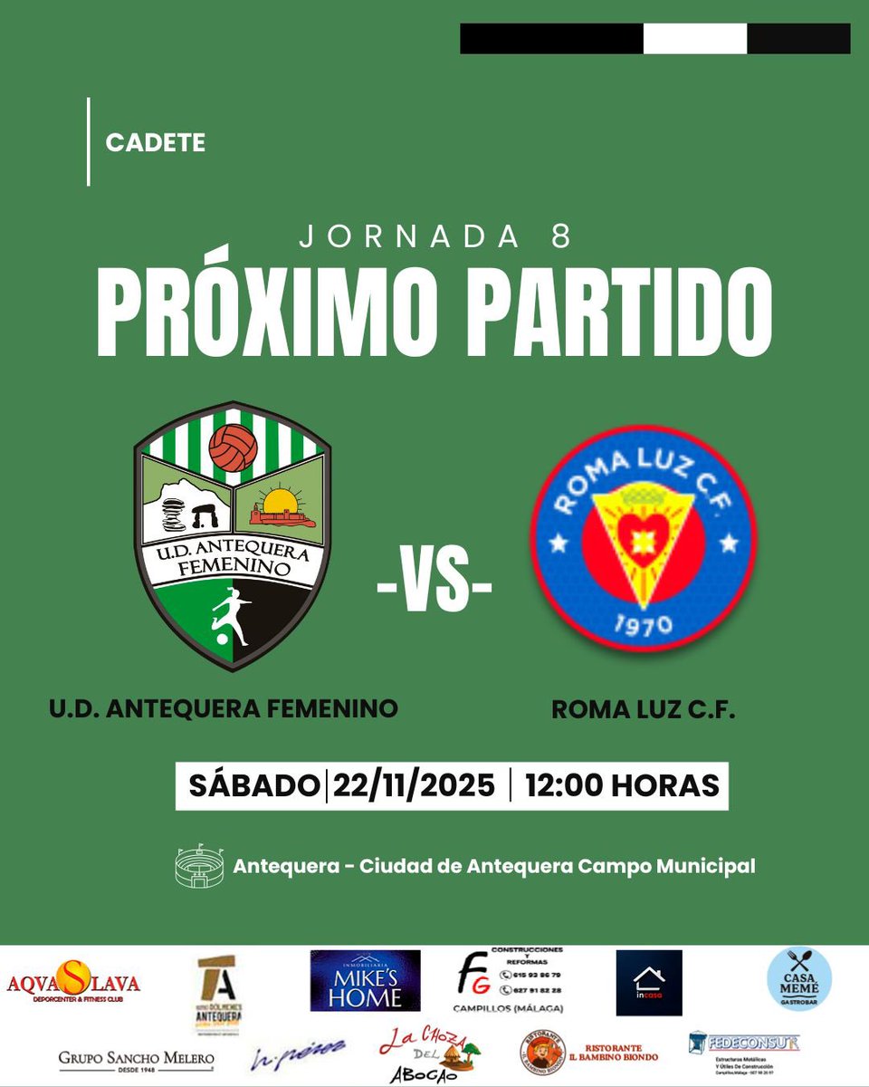 🔥PARTIDO DE LIGA🔥

Nos vamos a tierras rondeñas este sábado a intentar seguir con la buena dinámica 💪🏼💚🤍

🗓️ Sábado 22/11 19:45h
📍Ronda
🆚 #CDArundaFem
✔️Jornada 9
—
❗️Partido CADETE

Sábado 22 a las 12h en casa 🏠

#LucharJugarYGanar