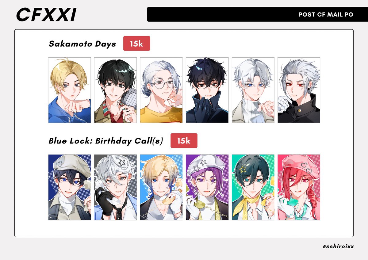 sshiroixx's tweet image. [RT and share🤍]

Post CF21 Mail Pre-Order by @sshiroixx is open🤍

🗓 Nov 21-Nov 26
💖 BLLK, WBK, OHSHC, Genshin Impact, DCST, ZZZ, Mashle, Sakadays, Kaiju8, HQ
🌎 GO please DM first!

#CF21 #CFXXI