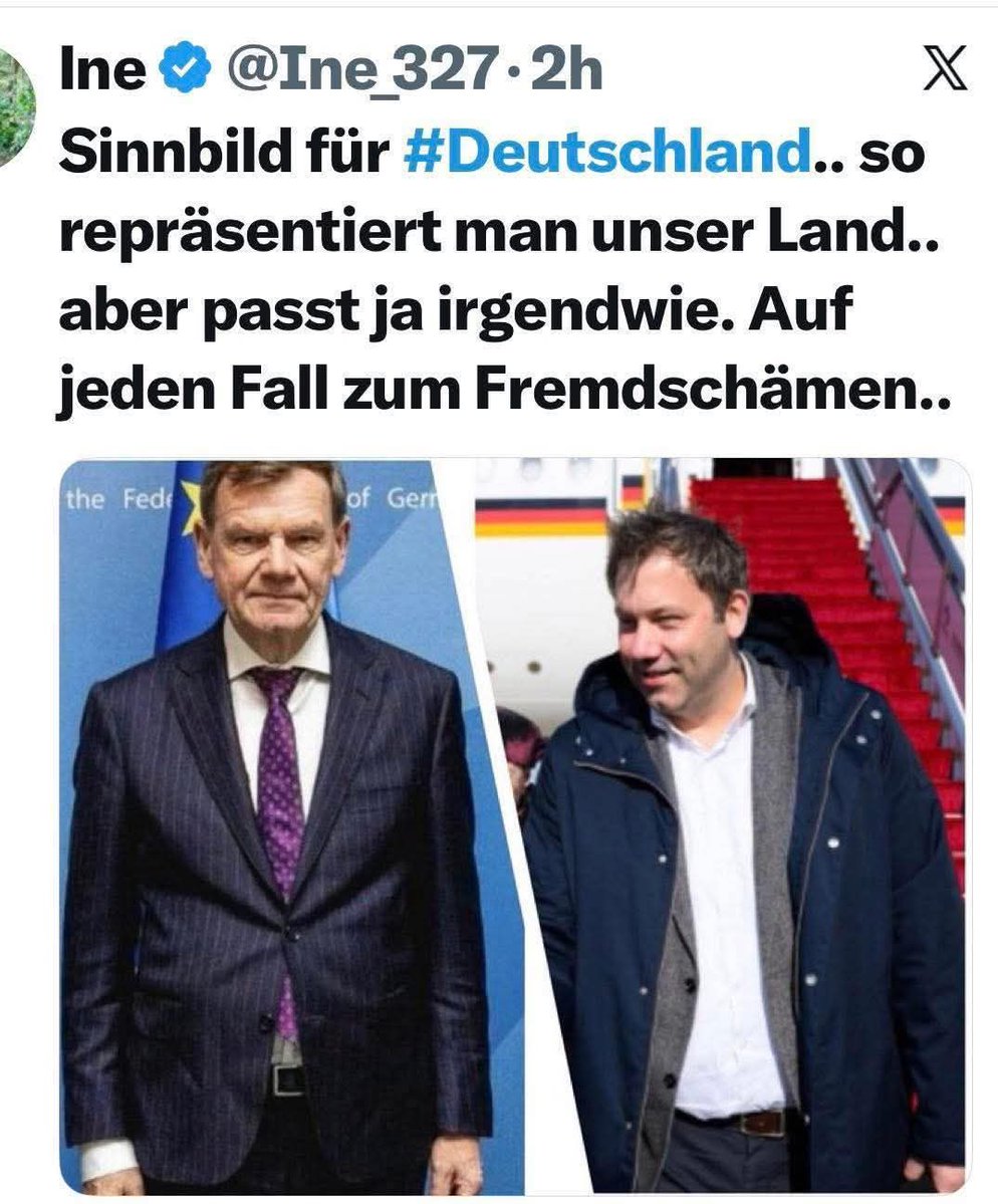 bren_nessel1331's tweet image. Der  neue deutsche #DressCode für Staatsbesuche. #wadephul  links im  eingelaufenen Anzug von der Caritas und #Klingbeil rechts beim China  Besuch  im &quot;Unter der Brücke geschlafen&quot;-Dress. Neues Bildmaterial. Klingbeil am Frühstücksbüffet