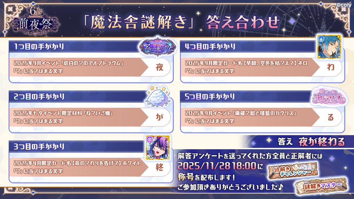 魔法舎謎解き答え発表】 6th Anniversary 前夜祭で開催した《魔法舎謎