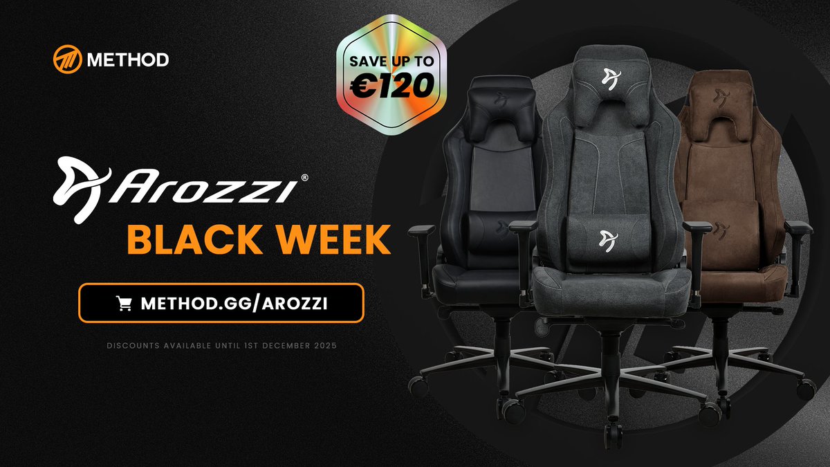 Method's tweet image. Save up to €120 on @ArozziChairs products 🤯

Arozzi chairs &amp;amp; desks are incredible… You’re definitely going to want to check out their Black Week deals 😎
method.gg/arozzi