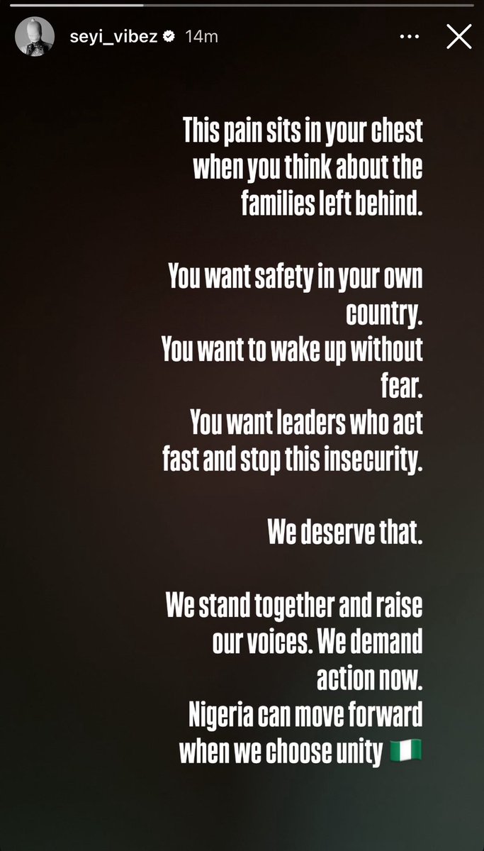 afrocultur's tweet image. 🚨Seyi Vibez breaks his silence on the escalating violence in Nigeria, sharing his thoughts and frustration in a candid IG story.🇳🇬💔

#EndTerroristsKllingInNigeria