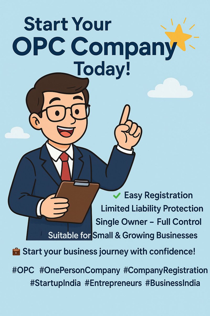 dhanvijaygroup's tweet image. 🚀 Start Your OPC Company Today!
Perfect for solo entrepreneurs who want full control + limited liability.
✅ Easy Registration
✅ Single Owner Structure
✅ Ideal for Small &amp;amp; Growing Businesses

#INTRADAY  #Rupee  #StockMarket #CryptoMarket #Benstokes #Dhanvijay #Keepitsimiple
