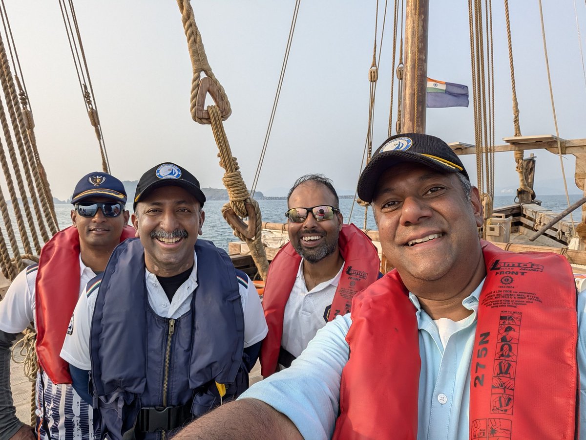 VishnuNDTV's tweet photo. Exclusive at 10 pm.  I sailed out on INSV Kaundinya - the stunning vessel built to an ancient design. The brainchild of @sanjeevsanyal, she's a part of the Navy's fleet - a stitched ship, a reminder of our formidable maritime legacy.  Meet the crew aboard this gorgeous vessel #Kaundinya