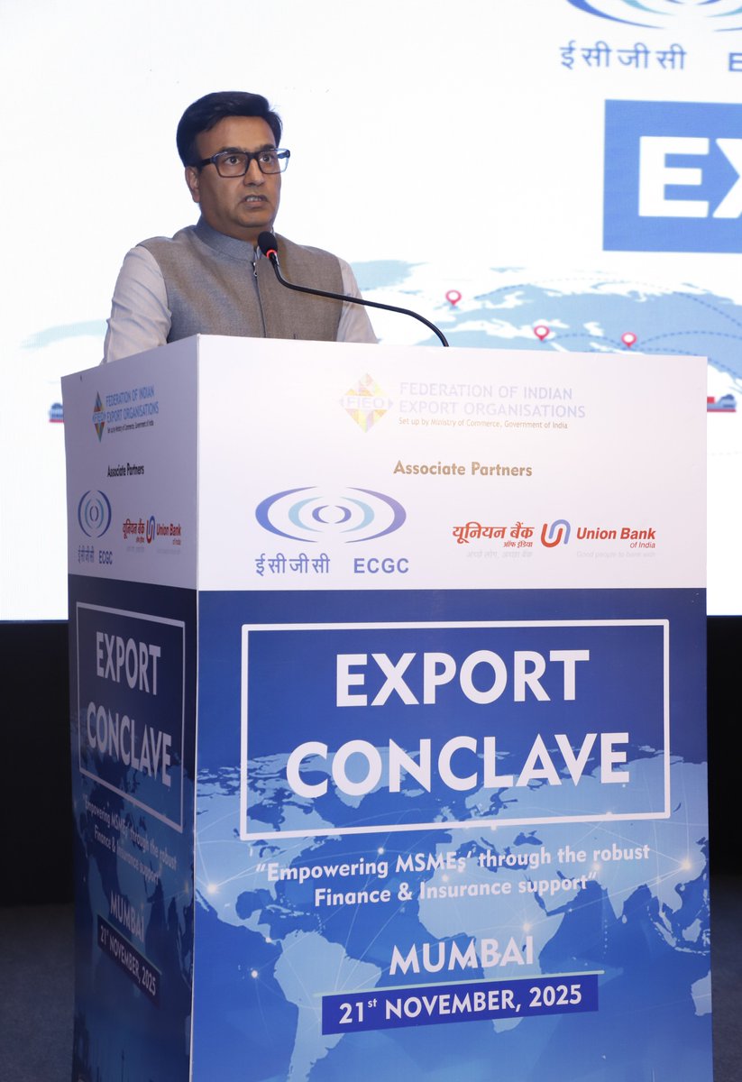 FieoHq's tweet photo. 🌐 Export Conclave 2025 – Hassle-Free Export Finance & Insurance | Mumbai | 21 Nov 2025

✨ Empowering India’s MSMEs with robust finance, seamless insurance & stronger export opportunities!

👥 Esteemed Speakers:
Mr Khushwant Jain, Regional Chairman (WR), FIEO; Mr N Sivanandhan, Deputy GM, SBI Headquarters, Mumbai, Mr Shalaj Kumar Sinha, GM, Union Bank of India, Mumbai; Mr Kumar Anshuman, GM, ECGC Limited; Mr Raghu Kiran B, Additional Commissioner of Customs, NS-II (Export), JNCH; Mr Rajesh Kumar Mishra, IRS, Additional DGFT, Mumbai, Mr Vikas Pansare, IAS, Managing Director, Maharashtra Small Scale Industries Development Corporation Limited and Mr Rishi Kant Tiwari, Regional Head, FIEO (WR)

💡 Key Insights:
✔ Seamless export finance for MSMEs
✔ Strengthening export credit risk management
✔ Transformative updates from leading export stakeholders

📌 Theme: “Empowering MSMEs through Robust Finance & Insurance Support”

#FIEO #EXPORTCONCLAVE #DEPARTMENTOFCOMMERCE #DOC #ECGC #UNIONBANKOFINDIA #MSSIDC #STATEBANKOFINDIA #DGFT #IndianInstituteOfPackaging #MSMEs #ExportIndia #FIEO #ECGC #UnionBank #ExportFinance #TradeGrowth #IndiaExports #ExportConclave #MakeInIndia #GlobalTrade #TradeSupport #SmallBusinessGrowth #ExportInsurance #BusinessBoost

@DoC_GoI @dgftindia @minmsme @dcmsmeoffice @cbic_india @ecgclimited @UnionBankTweets @mssidc