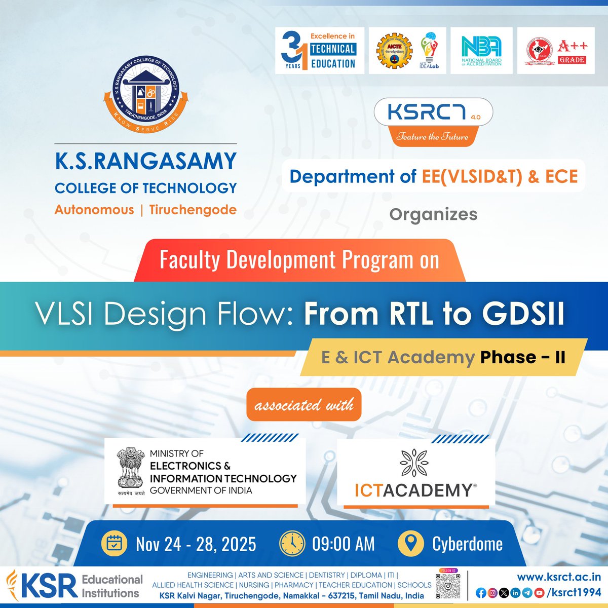 ksrct1994's tweet image. Exciting Opportunity for Engineering Faculty!

Faculty Development Program (FDP) in collaboration with E &amp;amp; ICT Academy (MeitY) and ICT Academy.
#ksrct1994 #ksr #ksrei #ECE #VLSIDesign #FDP #ICTAcademy #EICTAcademy #EngineeringEducation #SemiconductorIndia #RTLtoGDSII #FDP