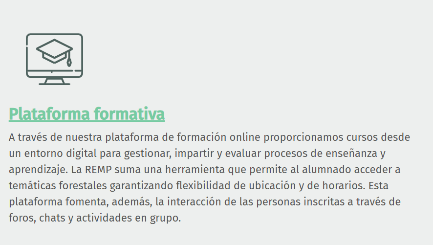 REMP_es's tweet image. ¡Lanzamos la Plataforma Formativa de la #REMP!
Un espacio digital para aprender sobre gestión forestal con total flexibilidad. Foros, chats, actividades en grupo… ¡y ya disponible el primer curso!
+ Info: remp.es/actividades/pl…
@FBiodiversidad #ProyectosPRTR #PlanDeRecuperación