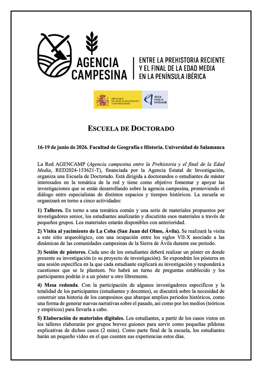 ISTMOgrupo's tweet photo. 📣 Call for papers

Escuela de doctorado de la Red AGENCAMP:  "Agencia Campesina. Entre la Prehistoria reciente y el final de la Edad Media en la Península Ibérica".

Con la participación de nuestros compañeros Marcos García, Luca Mattei y Guillermo García-Contreras.

Más info 👇 https://t.co/ViGwl6yKQJ