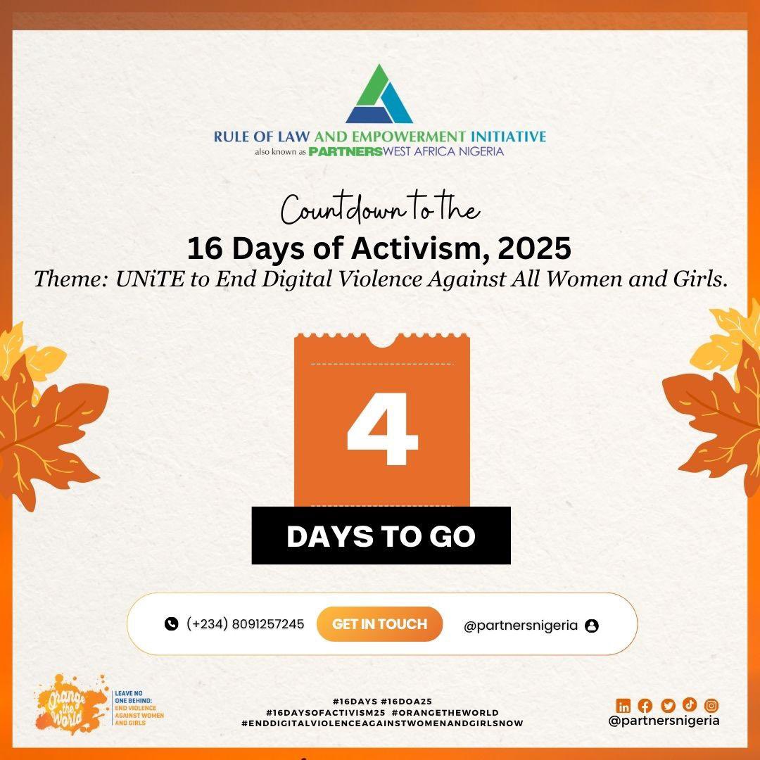 partnersnigeria's tweet image. 4 days to go! ⏰ We&apos;re counting down to the 16 Days of Activism! Join us as we #UNite to End Digital Violence Against Women and Girls! 💪 Let&apos;s make a difference! 

#PWAN #partnersnigeria #16DaysOfActivism #EndDigitalViolenceAgainstWomenandGirls #ENDGBV