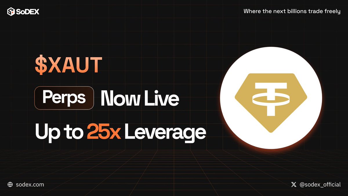 sodex_official's tweet image. New Listing: XAUT Perps

$XAUT perps(25x) are now live on SoDEX.
Tether Gold tracks 1 ounce of deliverable physical gold stored in London.

Trade now : sodex.com/trade 

#Tether #XAUT