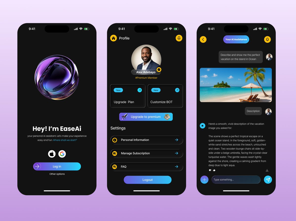 EffectiveA8306's tweet photo. Here's a beautiful sneak peek a warm, intuitive 3 screen mobile UI design (Dark Mode) concept for an a AI chat app where user can chat with the AI for assistance, information or productivity task anything anywhere
#EaseAi
@Tegadesigns https://t.co/PV9qrV0JQd