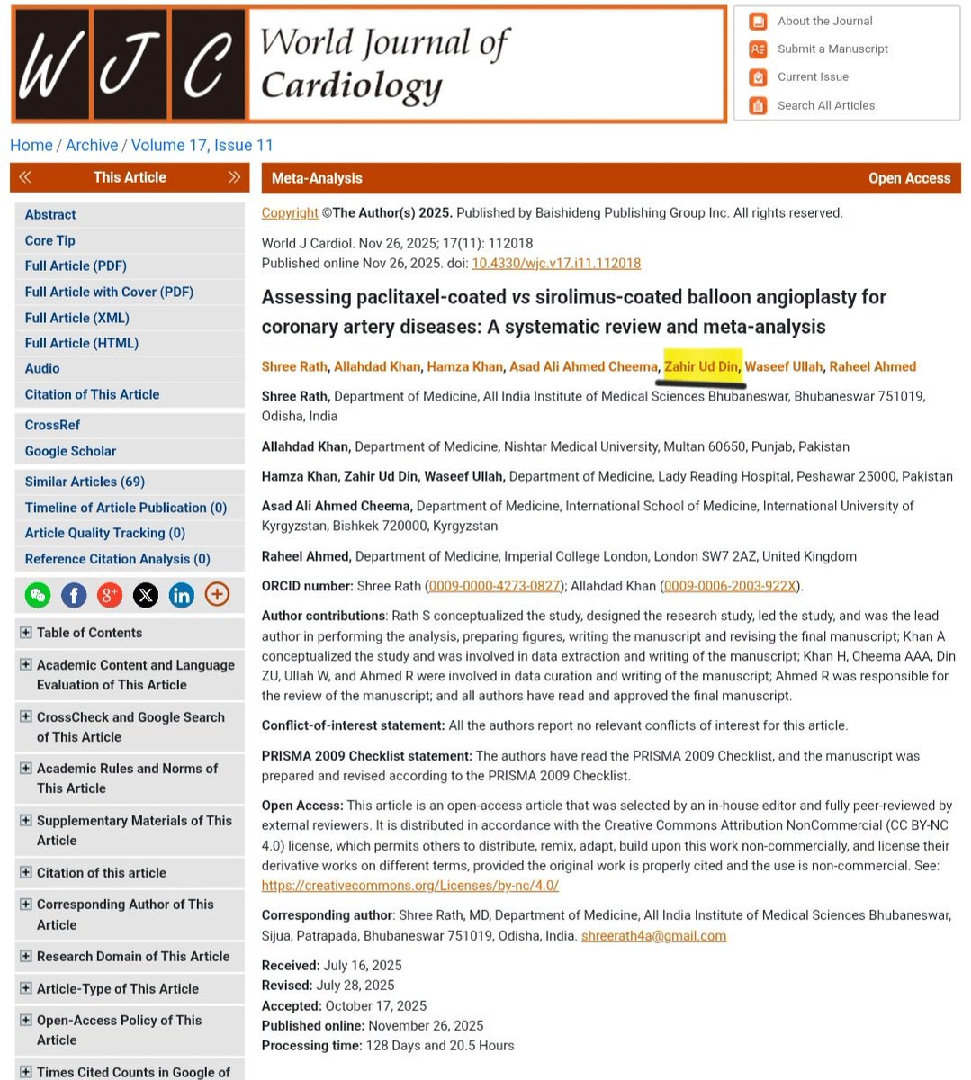 ZaheerUdDeen13's tweet image. Alhamdulillah proud to share my new publication in the World Journal of Cardiology! Honored to collaborate with an international team.
Open to research partnerships!
#Cardiology #MetaAnalysis #SystematicReview #EvidenceBasedMedicine #MedicalResearch #WJC #CoronaryArteryDisease