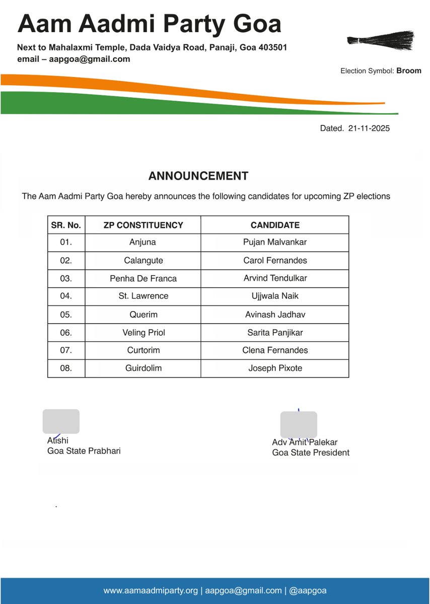 AAPGoa's tweet image. 📢BIG ANNOUNCEMENT

Aam Aadmi Party Goa is pleased to announce the second list of candidates for upcoming ZP elections in the state.

Best wishes to all the candidates!