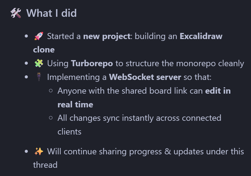 adarsh_4957's tweet image. 📅 Day 35 (Nov 20, 2025) | #LearnWithMe – Excalidraw Clone + Turborepo 🎨⚡

#Turborepo #WebSockets #Excalidraw #RealtimeApps #WebDev #100DaysOfCode #LearnWithMe