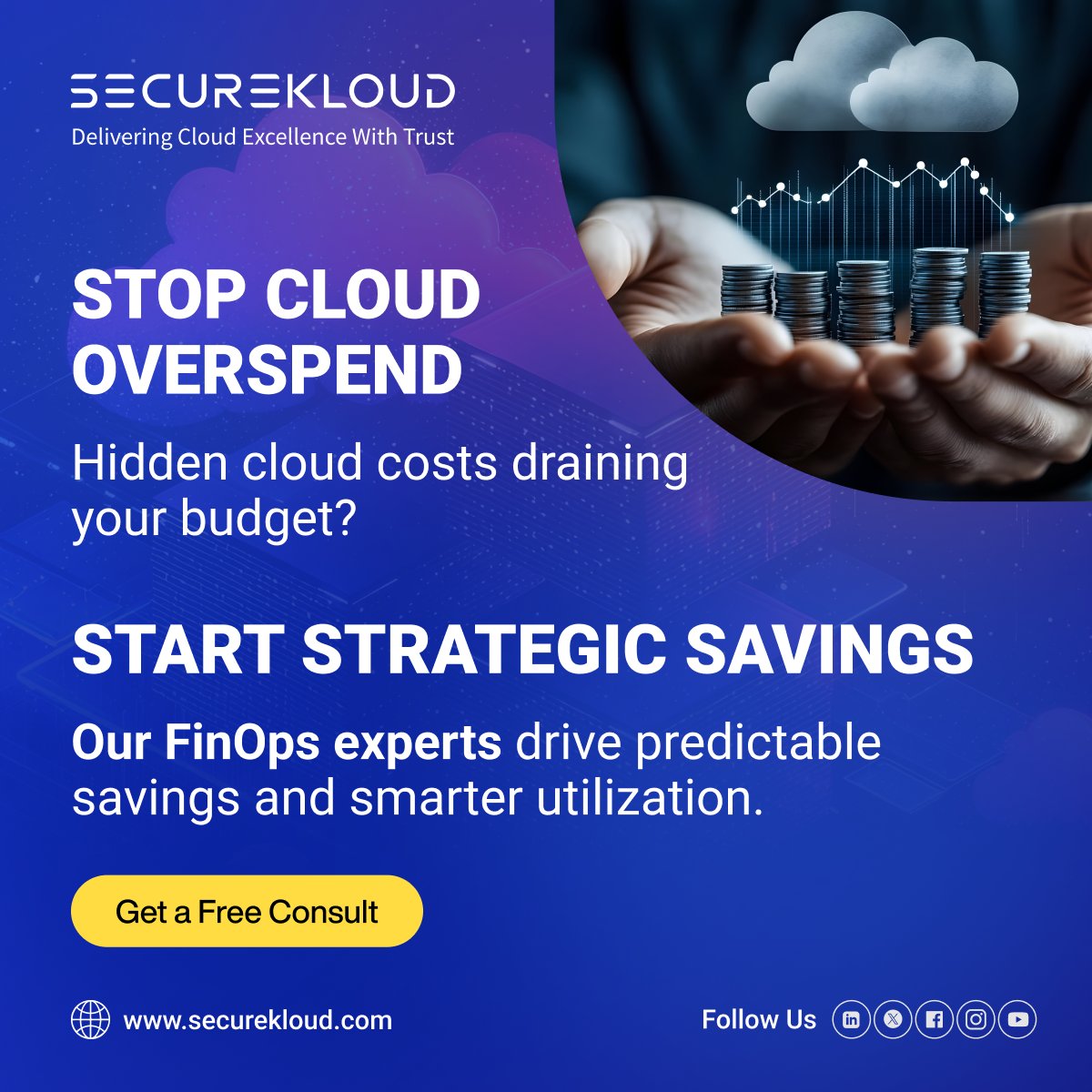 SecureKloudTech's tweet image. #SecureKloud #FinOps = #Visibility + #Control + #Savings​
Our FinOps experts bring intelligence to your #cloud spending.​ We right-size, monitor, and optimize usage ensuring predictable savings and sustained performance.​
Reach us: securekloud.com | sales@securekloud.com