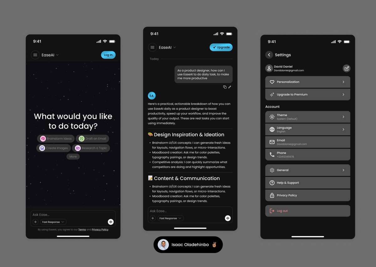 Izaac_ui's tweet photo. @Daviowhite Designed #EaseAi with a strong focus on clarity, consistency, and user experience.

Since most people work with AI chatbots for daily tasks, the interface was crafted to feel instantly familiar, while still giving users room to explore powerful product features without friction. https://t.co/Rzf74CAM4K