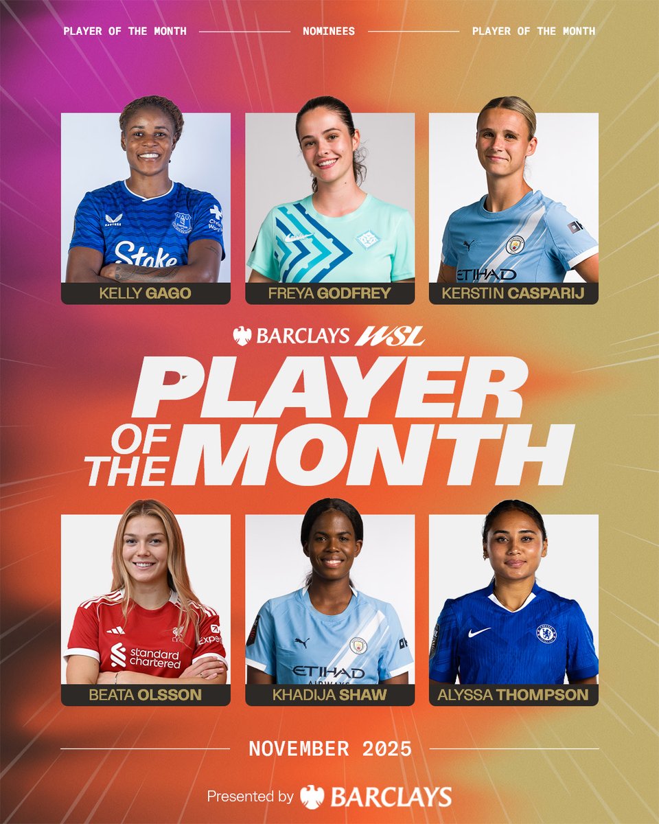 BarclaysWSL's tweet image. Brilliant performances in November! 🌟   

Kelly Gago
Freya Godfrey
Kerstin Casparij
Beata Olsson
Khadija Shaw
Alyssa Thompson

Vote for your #BarclaysWSL Player of the Month now:
wslfootball.com/bwsl-potm-nov-…