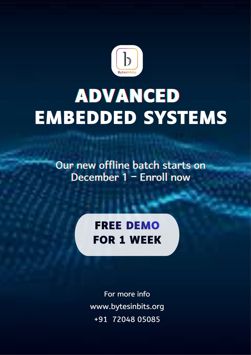 BytesinbitsI's tweet image. Ready to start your Embedded career?
Our Advanced Embedded Systems batch begins on December 1.
Don’t miss the 1-week free demo! 🚀

#embeddedsystems #embeddedtraining #bytesinbits #techcareer #microcontrollers #EmbeddedCourse #engineeringstudents #skilldevelopment #techtraining