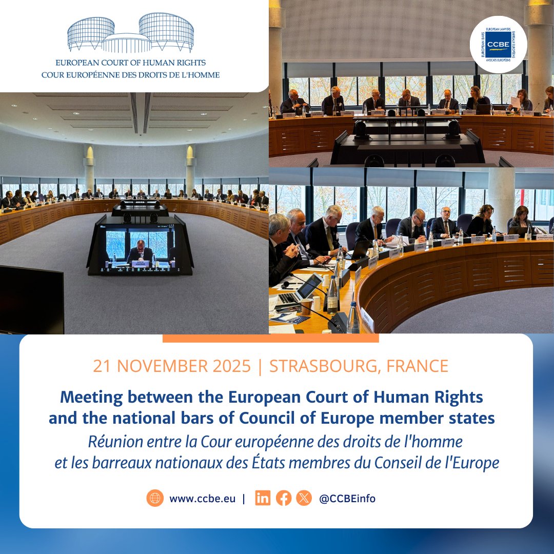 📅Today, the CCBE and national Bars &amp; Law Societies are meeting with the European Court of Human Rights  (<a href="/ECHR_CEDH/">ECHR CEDH</a>) in Strasbourg.
The CCBE is very grateful for this opportunity to discuss issues of common interest relating to the Court’s proceedings.
