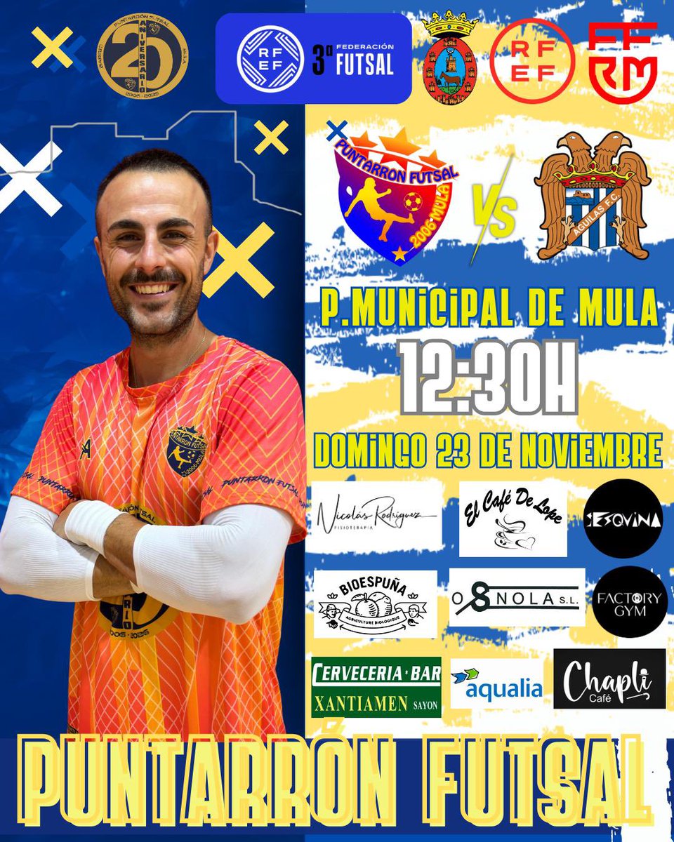 TERCERA DIVISION|

Llega la jornada 11 en la que recibimos a un recién ascendido que está cuajando una gran temporada. Oportunidad para seguir en la senda de la victoria.

📅Domingo 23
⏰12:30
🏟Pabellón Municipal de Mula 
⚔️<a href="/aguilas_fc/">Águilas F.C.</a> 
🎟️Compra de rifa

¡¡¡OS ESPERAMOS!!!💛💪🏽💙