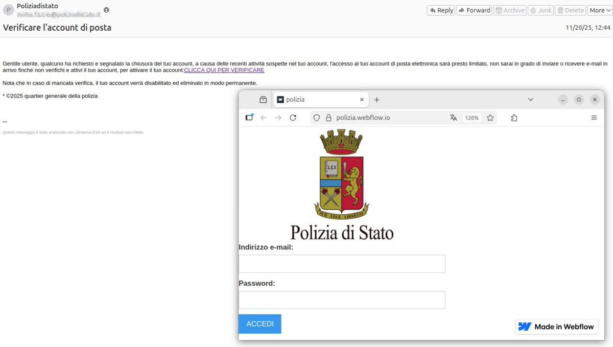 AgidCert's tweet image. 🇮🇹 In corso una campagna di phishing a tema Polizia di Stato

➡️ PdS informata della problematica
➡️ Richiesta dismissione della pagina a #Webflow
➡️ Gli IoC diramati

ℹ️ Download IoC👇

🔗 t.me/certagid/921