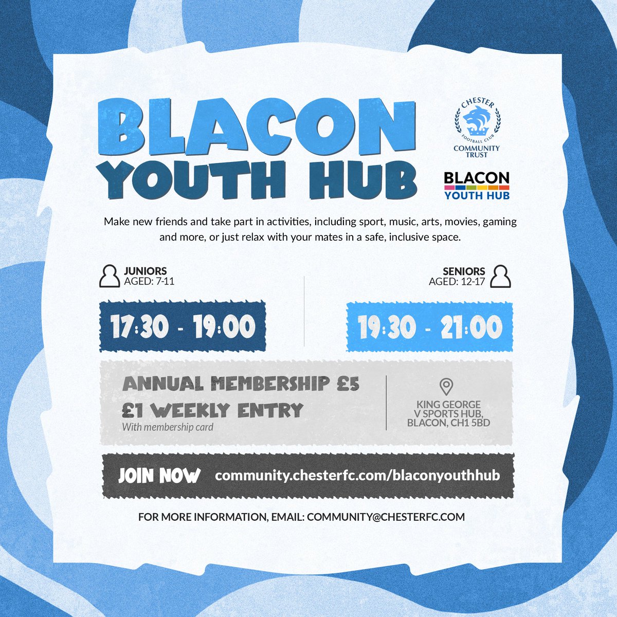CFC_CommTrust's tweet image. Looking for something to do on a Friday evening in Blacon? 🤔

If you&apos;re aged 7-17 then Blacon Youth Hub is for you! 🫵

We offer a safe, friendly space to hang out, meet your mates, or take part in some of the activities we offer, such as football, crafts, games, and more.…