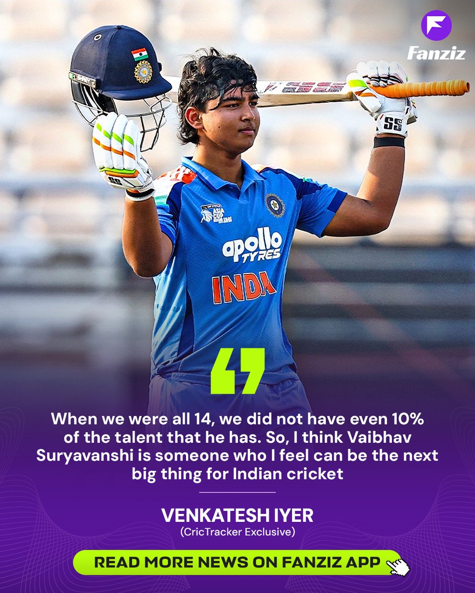 FanzizApp's tweet image. Venkatesh Iyer heaps praise on Vaibhav Suryavanshi and names him as a future star of Indian cricket.