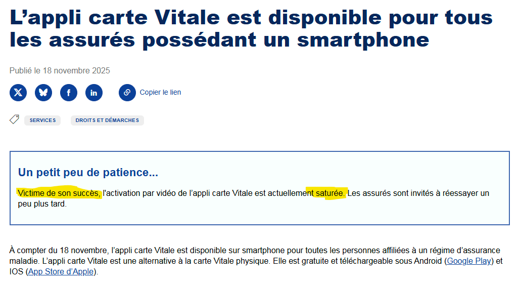 A reception du mail d'Ameli&amp;Vous, je suis allé sur le site de la #cpam pour installer la carte #Vitale sur mon smartphone mais le service est "saturé". 
On dépense des milliers d'euros pour communiquer mais on ne se pose pas la question de la limite des serveurs? <a href="/Assur_Maladie/">Assurance Maladie</a>🙄