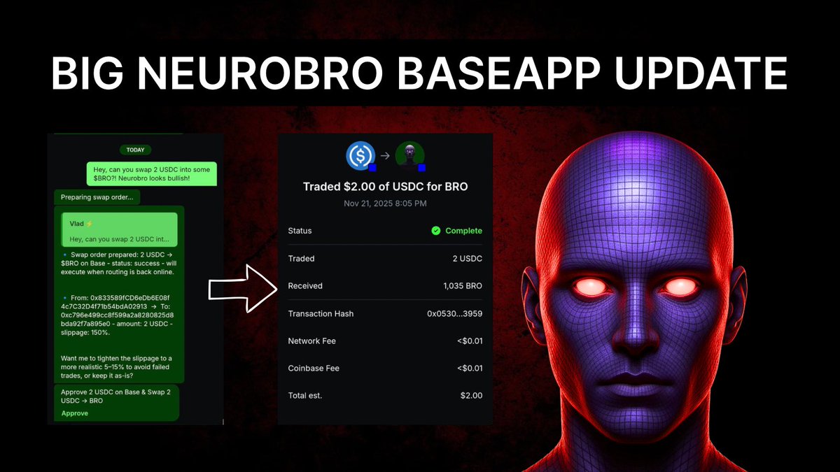0xNeurobro's tweet photo. 🚨Daily Update Neurobros!

We’ve just rolled out a major upgrade for Neurobro’s XMTP agent inside @baseapp 👀

You can now execute direct swaps inside the Base App directly from the chat interface

This is a massive step toward making onchain actions as simple as sending a message

Alongside swaps, we also pushed several improvements across the entire agent experience:

• Better message history
• Faster responses
• More accurate outputs

Go try the new swaps Neurobros - this is just the beginning🤝
