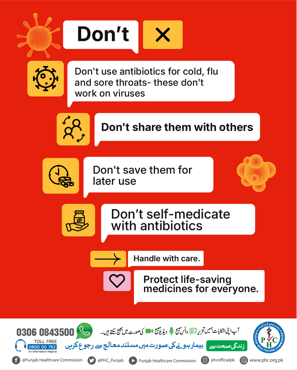 PHC_Punjab's tweet image. Are you using your antibiotics wisely?

Make smart choices to fight AMR.
 
#PHC #PunjabHealthcareCommission #SehatZindagiSey #WHO #WorldHealthOrganisation #UNICEF #StopAMR #WAAW #HandleWithCare