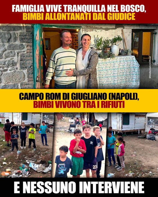 Orgoglioitalia3's tweet photo. Basta con questa giustizia a due velocità 
Genitori che scelgono il bosco, l’homeschooling e la libertà: i loro bambini sani, puliti, felici e istruiti vengono strappati via con la forza.
Una giudice decide che vivere senza luce elettrica è “insalubre” e che non vaccinare è un crimine. Risultato? Tre fratellini di Palmoli caricati su un’auto dei servizi sociali il 20 novembre, potestà sospesa, genitori trattati come delinquenti. Pochi giorni fa, il 16 ottobre, Natan e Liam, due innocenti di un'altra famiglia "non allineata" sono stati portati via dai servizi sociali, lasciando ferite aperte. Nello stesso Paese: madri con precedenti di violenza e squilibri gravi ottengono l’affido esclusivo;  pochi mesi dopo sgozzano o strangolano i figli di 9 anni (Giovanni a Muggia, Elia a Calimera) e poi tentano il suicidio;  i servizi sociali e le giudici donne avevano archiviato le denunce dei padri come “beghe di coppia”. E poi ci sono centinaia di bambini che ogni giorno, in tutte le grandi città, vengono mandati a rubare su treni e metropolitane, non vanno a scuola, vivono in condizioni disumane… e nessuno li tocca. Mai.
Nessun blitz, nessuna struttura protetta, nessun tutore. Quindi ricapitoliamo: se cresci tuo figlio libero e pensante, te lo portano via.
Se lo usi per delinquere o lo lasci in mano a una madre pericolosa, tutto ok, “cultura” o “progressi psichiatrici”. Questo non è proteggere i bambini.
Questo è un sistema marcio che colpisce solo chi non si piega e chiude gli occhi davanti al resto. Restituite i bambini a chi li ama davvero.
Il resto è solo ipocrisia di Stato. #bambininelbosco #ipocrisiadistato