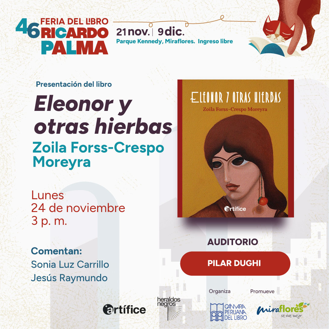 ¡Empezó la 46 <a href="/FRicardoPalma/">Feria Ricardo Palma</a>! 📚✨
Ven a conocer dos nuevos lanzamientos de <a href="/EditArtifice/">Editorial Artífice</a>:
🐾 “Crónicas de animales peruanos”, de Rolly Valdivia Chávez (<a href="/ExplorandoPeru/">Rolly Valdivia Ch.</a>). 
🌿 “Eleonor y otras hierbas”, de <a href="/ZoilaForss/">Zoila Forss-Crespo Moreyra</a>. 
¡Te esperamos! ✨
#LaCiudadLee #NovedadEditorial