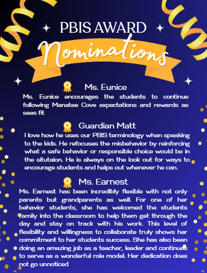 We are excited to share our amazing staff members who were nominated for our PBIS reward this month!

These individuals go above and beyond each day to support our students and help make our school a welcoming place for everyone. 💙

Please take a moment to celebrate them! 🌟🌟