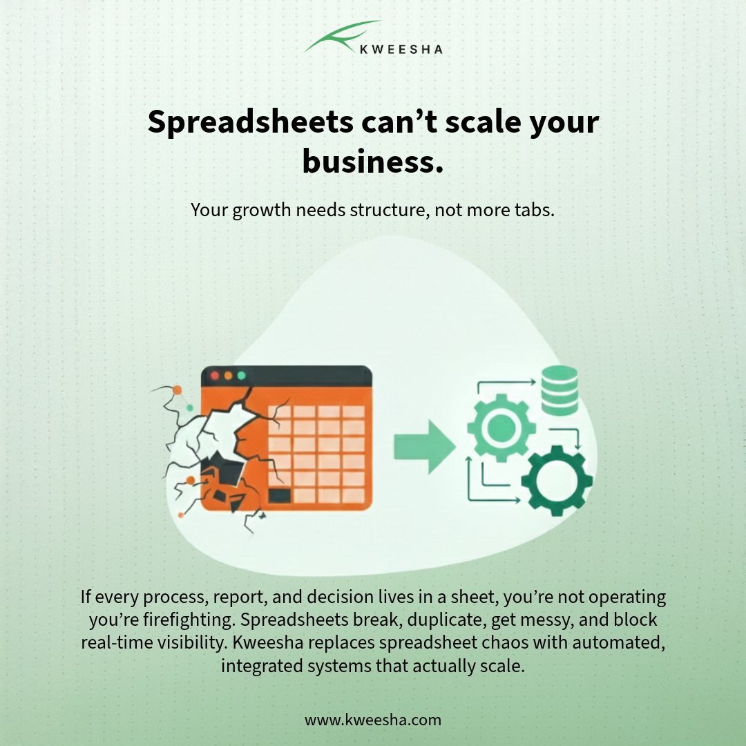 Your business won’t scale on spreadsheets.
Systems > Files.
Kweesha builds the backend that keeps growth predictable.

🔗 Link in comments.

#Operations #Automation #ScaleSmart #BusinessSystems #Kweesha