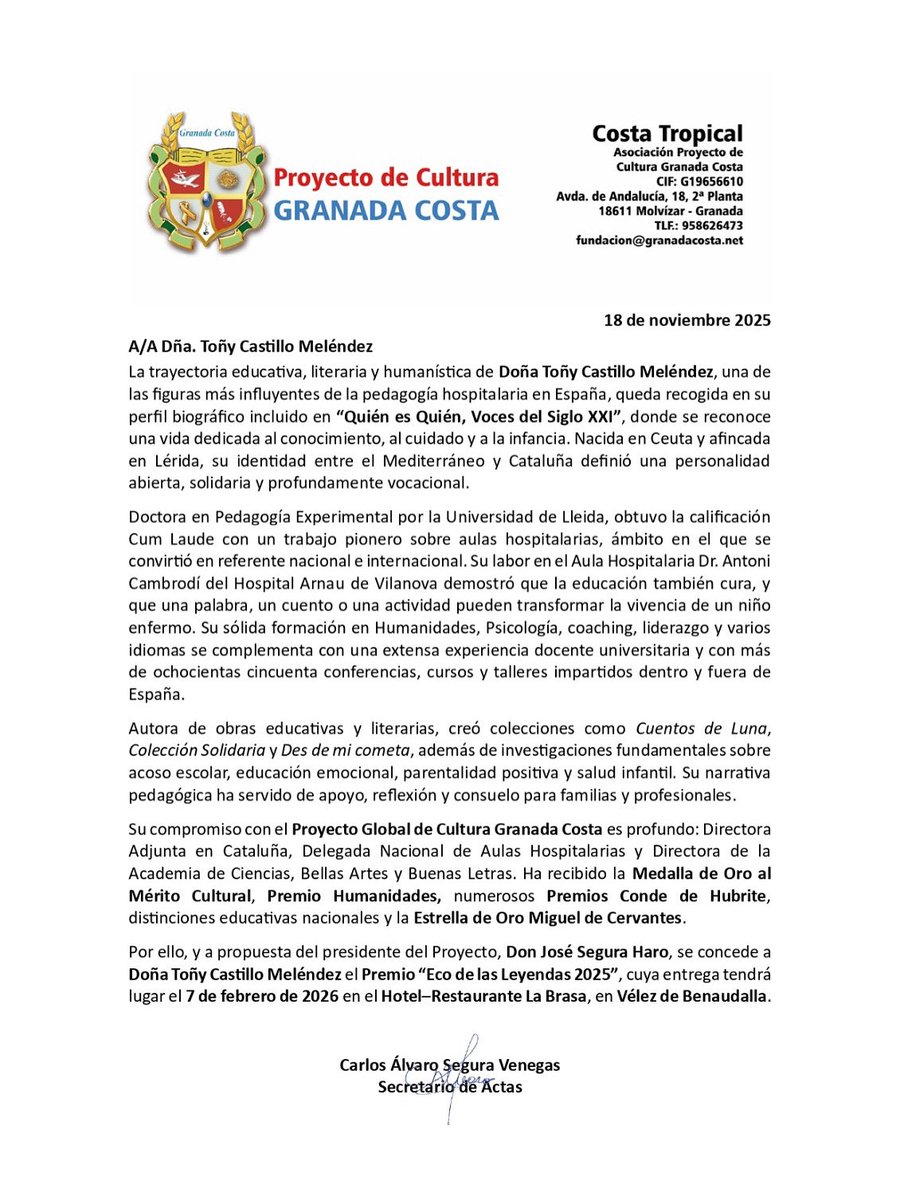 Mil gracias por este honor. Hoy me levanté con la concesión del premio Ecos de la Leyenda. Mil gracias por este reconocimiento a mi trayectoria. Agradecida Toñy
