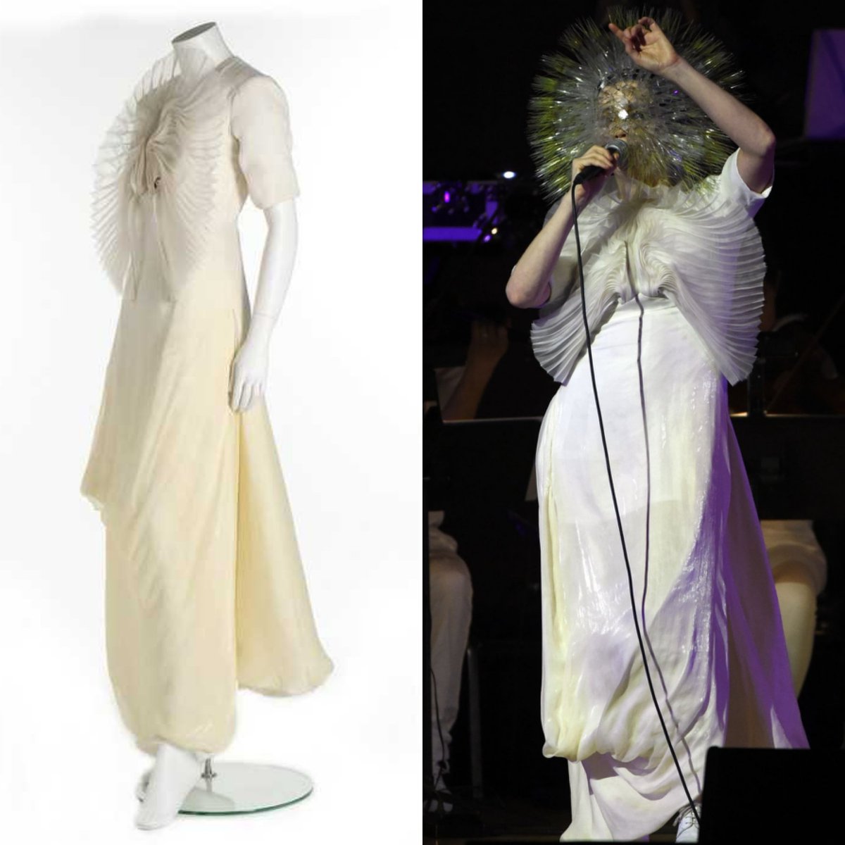 vickyhaddock's tweet image. Icelandic singer and actress Björk was born #OnThisDay in 1965. She wore this Iris van Herpen designed ivory-cream degradé chiffon dress with mechanical wings with a lion mask by Maiko Takeda for the &apos;Vulnicura&apos; tour in 2015. Sold by @KerryTaylorAuct. #fashionhistory