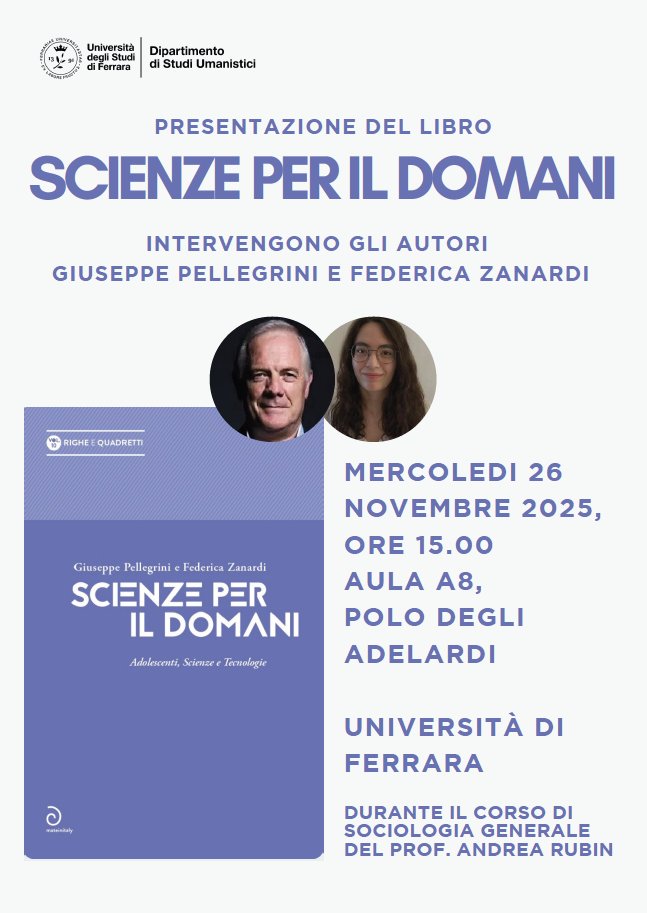 Observa_Society's tweet image. Presentazione del libro “Scienze per il domani”: dialogo con Giuseppe Pellegrini e Federica Zanardi su giovani e scienza.

📅 26/11/2025 – 15:00
📍 Polo degli Adelardi, UniFe

Vieni a scoprire come i giovani vedono scienza e tecnologia!

#giovani #scienza #tecnologia